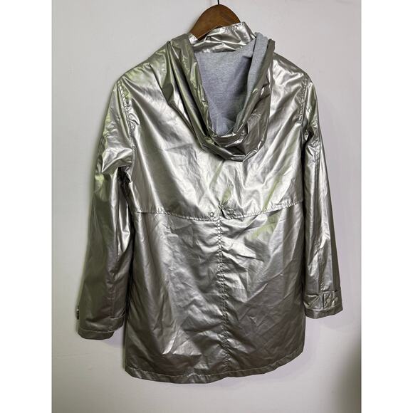 ZARA TRF Metallic Silver Hooded Rain Jacket Women’s S Lightweight Windbreaker - Picture 3 of 4